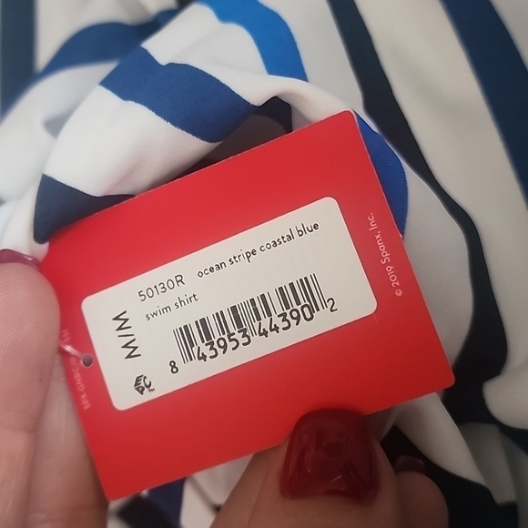SPANX Ocean Stripe Coastal Blue Swim Shirt long sleeve - Picture 7 of 9